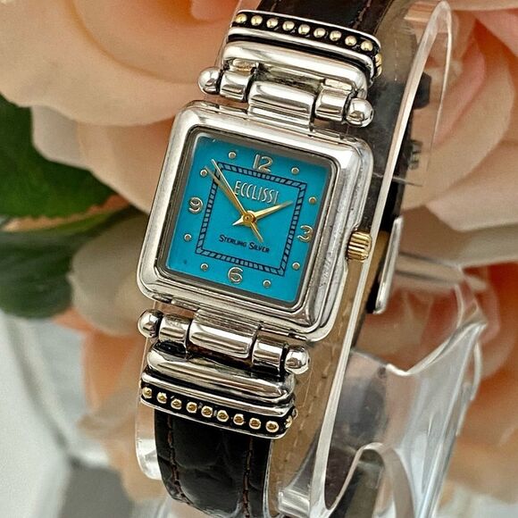 Vintage Ecclissi Sterling Silver Watch with Turquoise Dial and Gold-tone Accents - Picture 4 of 15